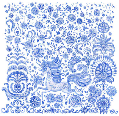 一套蓝色手绘童话麒麟马和玫瑰花。水彩画幻想动物和花卉元素孤立在一个白色的背景。蜡染漆，t恤印花，书封