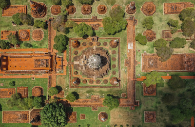 鸟瞰图大城府，Wat ratchabrana，空在冠状病毒期间，在Phra Nakhon Si大城府