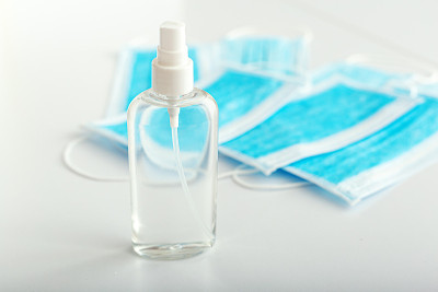 Coronavirus protection. Hand sanitizer bottle and 