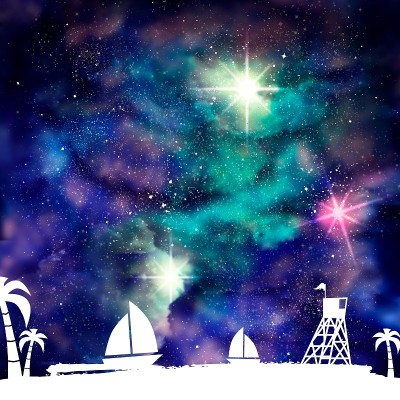 海边的景色，繁星点点的宇宙。