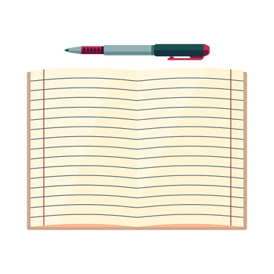 Pen and copy book on white isolated backdrop.