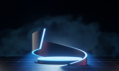 蓝色深色裙台柱体曲线显示背景粉蓝色霓虹灯透视。3 d图呈现。