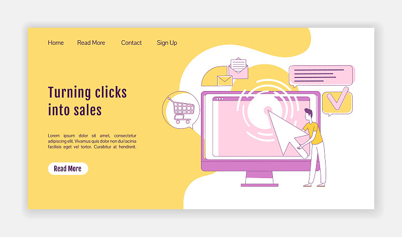 将点击转换为销售着陆页面平面轮廓矢量模板。PPC营销主页布局。一页网站界面与卡通轮廓字符。流量生成网