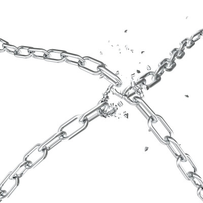 破碎的钢，破碎的金属链连接自由的概念。破坏强钢，3D插图