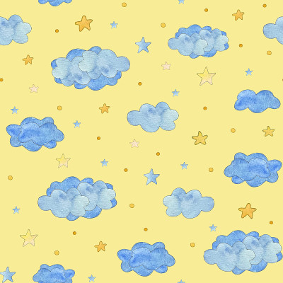 蓝色云彩和黄色星星的无缝图案，婴儿背景
