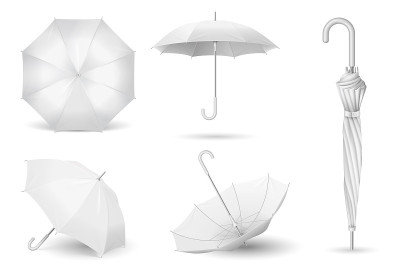 白色雨伞3d逼真的设计。开伞和闭伞模型