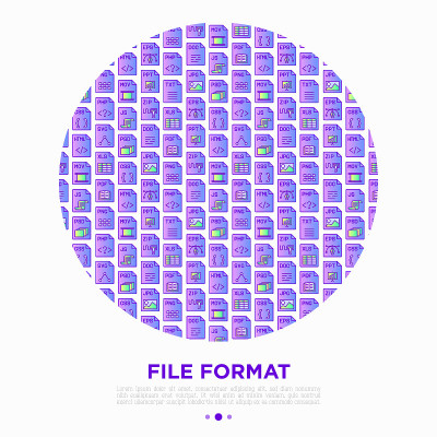 文件格式概念在圆与细线图标:doc, pdf, php, html, jpg, png, txt, 