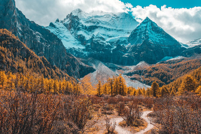亚丁自然保护区秋林雪山五彩缤纷