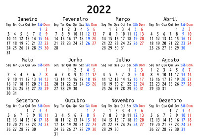 2022年日历，葡萄牙，周一