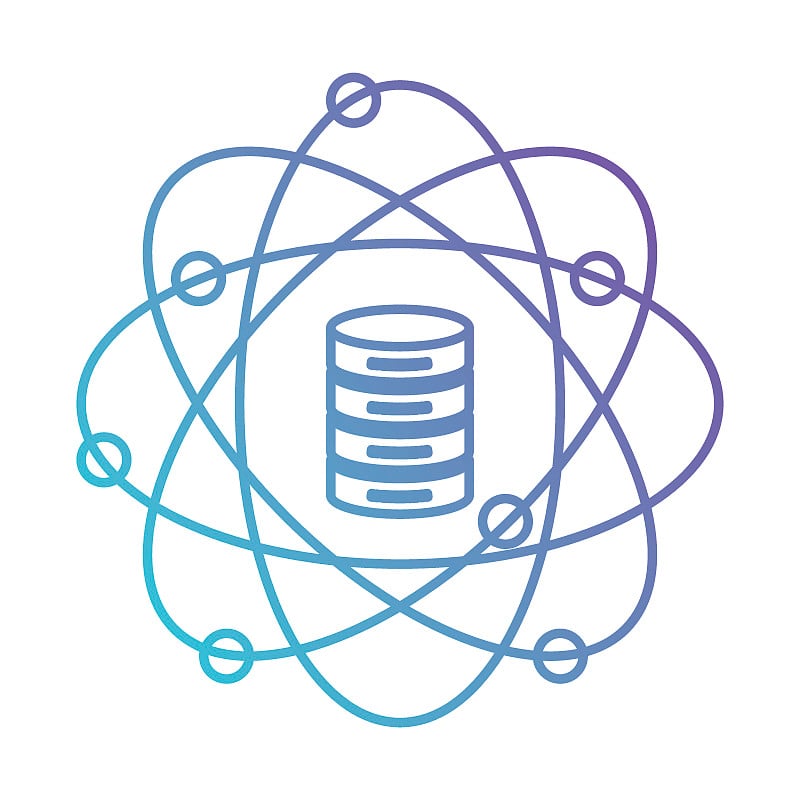 数据科学原子周围的服务器图标剪影的颜色梯度从紫色到蓝色