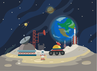 月球上的人。以航天飞机，宇宙飞船和卫星为背景。矢量插图。