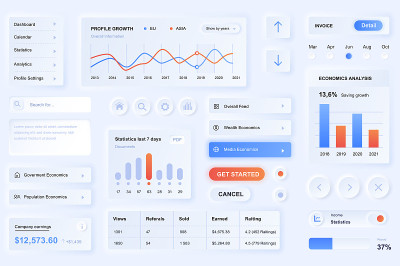 用于数据分析手机应用的用户界面元素。独特的neumorphic设计UI, UX, GUI, KIT元