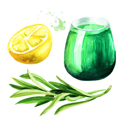 由龙蒿和柠檬与嫩枝或龙蒿和成熟柠檬组合而成的清爽饮料。手绘水彩插图，孤立的白色背景