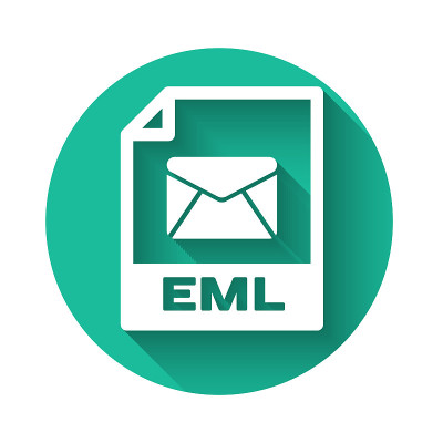 白色EML文件文档图标。下载eml按钮图标隔离与长阴影。EML文件的象征。绿色圆圈按钮。矢量图