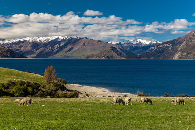 夏威夷湖和山的全景照片，南岛，新西兰