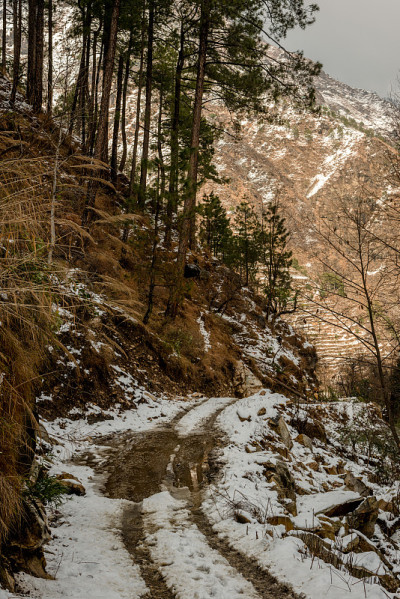 雪山覆盖的道路-雄伟的冬季景观在喜马拉雅山
