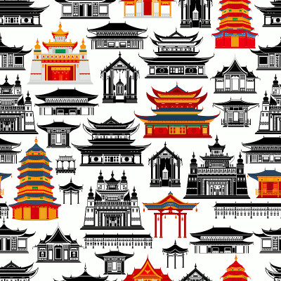 无缝矢量图案与中国传统建筑和寺庙