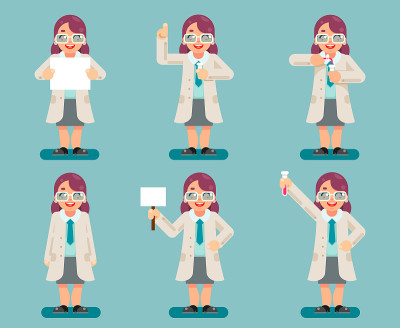 女性聪明的科学家化学试管实验女性卡通平面设计人物图标设置矢量插图