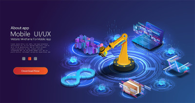 Devops横幅。开发运营，持续过程软件生产和管理。生命周期、无限符号和机器人操纵器的全息图。3d设