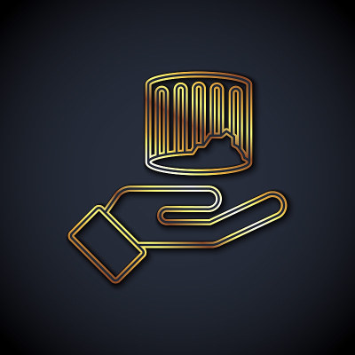 Gold line Ancient column icon isolated on black ba