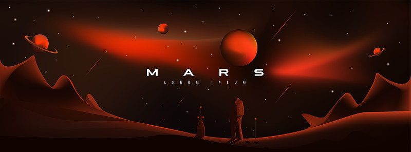 火星矢量插图。火星景观，宇航员登陆火星。行星土星和木星，行星探索，殖民，红色侵略，好战的行星火星。