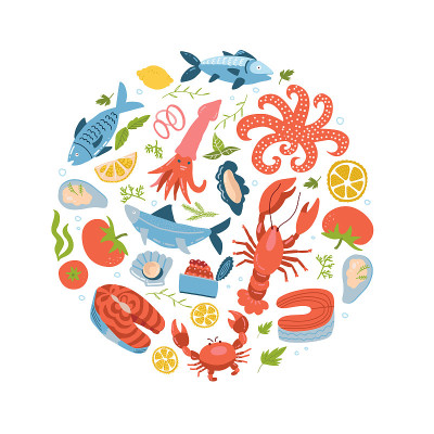 Seafood icons set in round, circle flat style. Sea