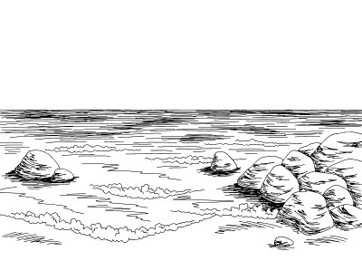 海岸图形海滩黑白色风景素描插图向量