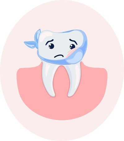 可爱的卡通生病的牙齿。矢量插图。