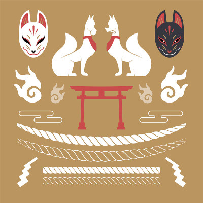 日本传统稻狐神社的图标和装饰品