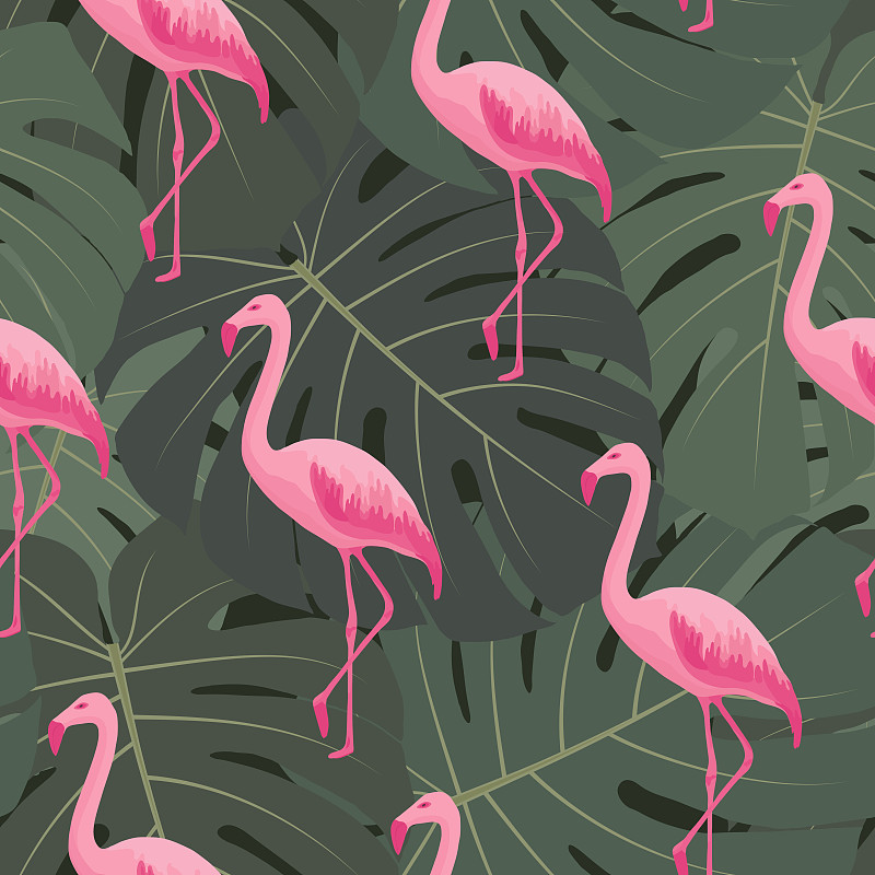 Exotic tropical seamless pattern with pink flaming