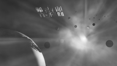 行星，国际空间站和宇宙雾中的太阳。三维演示
