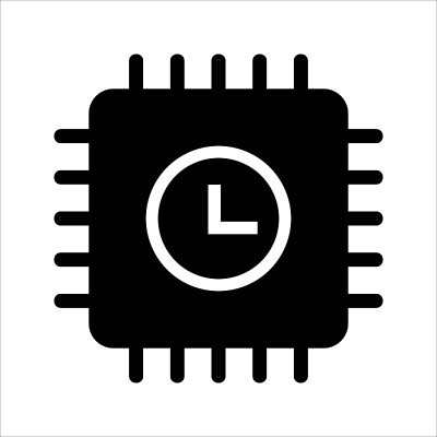 计算机CPU图标向量。带有时间图标的计算机CPU。固体风格的图标矢量概念