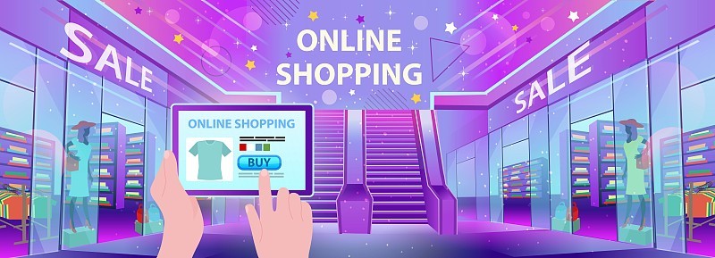 在线购物。有商店和自动扶梯的购物中心。网上商店屏幕上用手。移动营销与电子商务的概念。