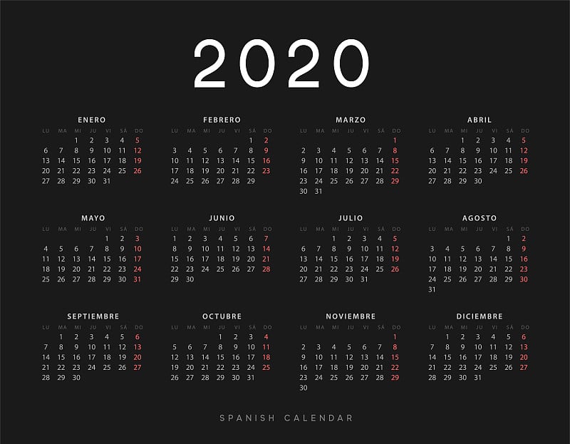 Calendar for 2020 year. Week starts on Monday. pla