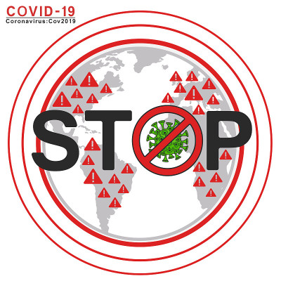 载体冠状病毒Covid-19在地球标志停止