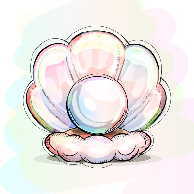 珍珠手绘。牡蛎在海底。