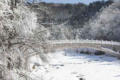 美丽的冬天的风景。雪山、树木和桥景(韩国江原道御田山国家公园)
