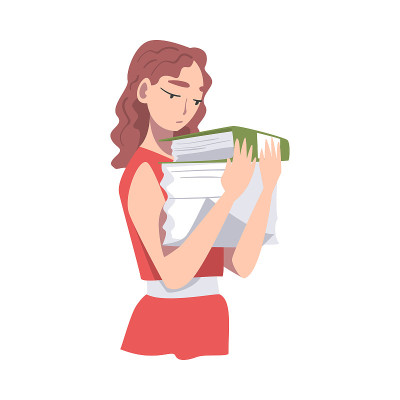 悲伤的女性携带一堆纸矢量插图