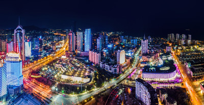 航拍青岛沿海城市夜景
