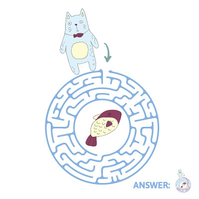 猫和鱼的儿童迷宫。儿童益智游戏，矢量迷宫插图。