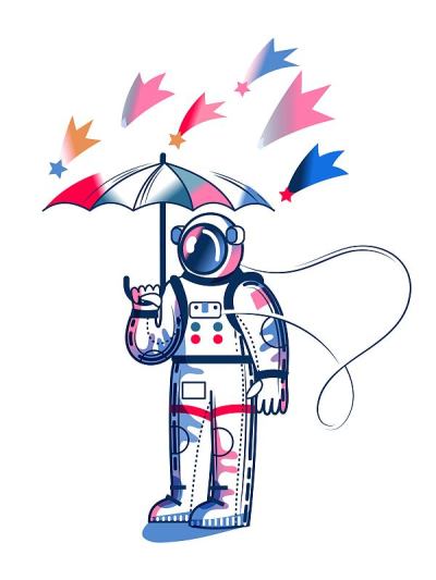 Funny astronaut standing with umbrella. Man in spa