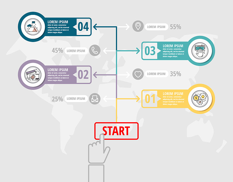 矢量信息图平面模板时间轴为四标、图、图、表示。有4个选项的业务设计概念。内容，流程图，一步一步，工作