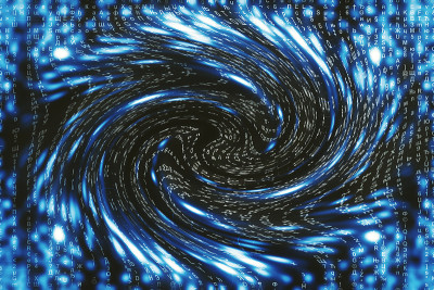 蓝色矩阵数字背景。扭曲的网络空间的概念。人物落入虫洞。入侵矩阵。虚拟现实设计。复杂的算法数据黑客。青