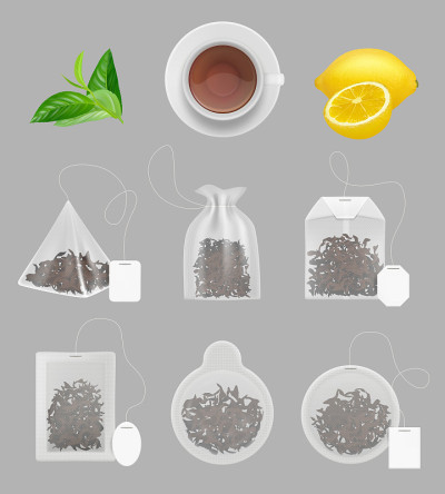 茶包集合。逼真的模板绿色和黑色透明茶包各种几何形状与纸标签标签象样的向量集