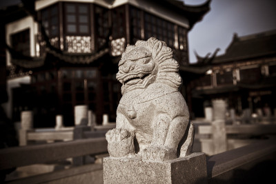 狮子雕塑在清晨的阳光下