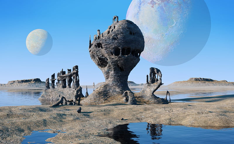 外星星球景观与湖泊和奇怪的岩层(3d插图)