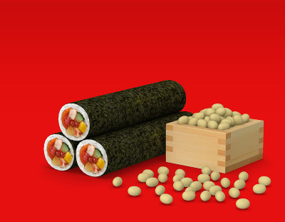 寿司卷和豆类为传统的日本活动Setsubun, 3D插图