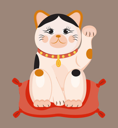 在棕色背景上孤立的Maneki neko向量。日本传统文化中的幸运猫。扁平风格的护身符或吉祥物象征。