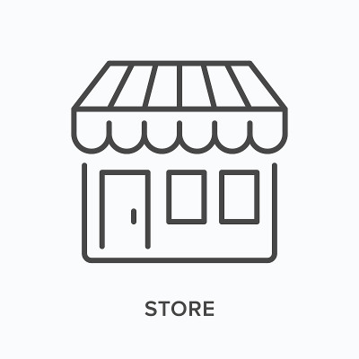 存储平面线图标。带遮阳篷的小商店的矢量轮廓插图。黑色细象形线适合小型零售企业