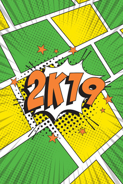 新年快乐矢量波普艺术插画。Word 2k19在复古喜剧演讲气泡与半色调虚线阴影彩色垂直背景